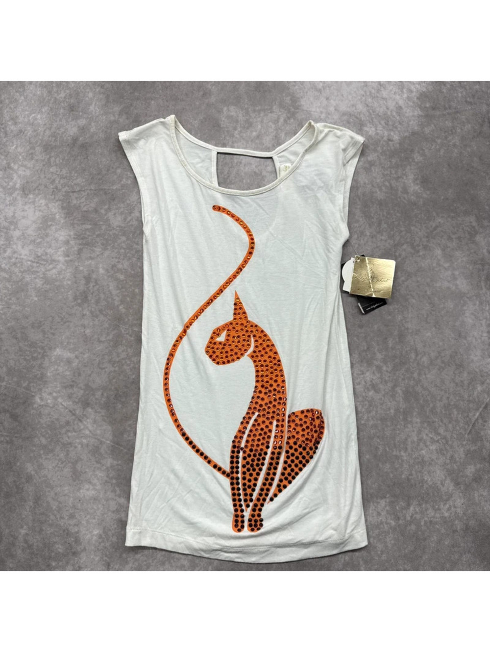 Vintage Y2K Baby Phat Orange Rhinestone Cat Cutout Back Top Size XS NWT